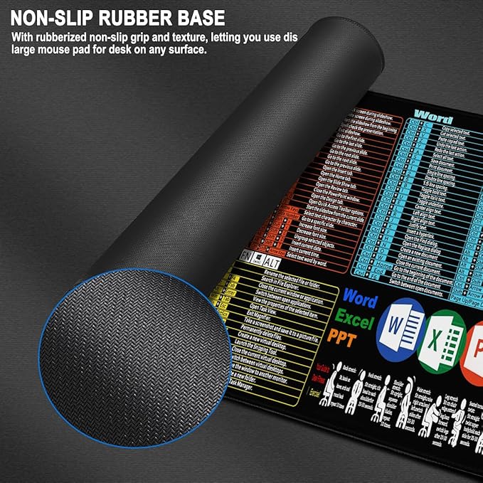 Excel Shortcuts Large Mouse Pad, 31.5 x 15.7 in Gaming Extended Mousepad with Stitched Edge, Non-Slip Rubber Base Water Resist Keyboard Pad for Office Game Home XXL, Word Excel PPT