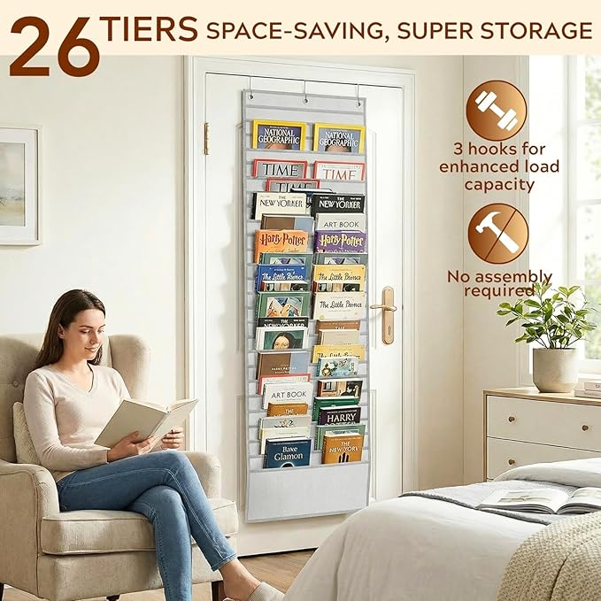 Over The Door File Organizer with 26 Large Pockets, Office Hanging Magazine Holder, 600D Oxford Fabric Tear-Resistant Door Organizer for Mail Paper Documents,Magazine Rack for Office Home School(Gray)