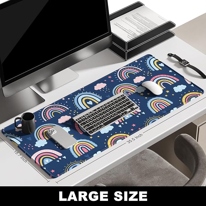 BOSOBO Large Mouse Pad, Desk Pad, XXL XL Extended Gaming Mouse Pad, Desk Mat for Office & Home, Long Keyboard Mat, Huge Mouse Pad, Desktop Full Cover 35.5 x 15.7 Inches, Colorful Rainbow Clouds