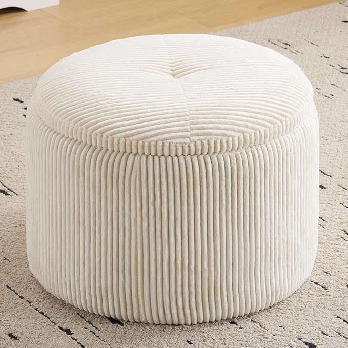 Modern Round Storage Ottoman with Reversible Tray Lid,Chenille Ottoman Foot Stools, Ottoman Footstool with Hidden Storage, Storage Ottoman, Multi-Functional Footrest, Corduroy Beige