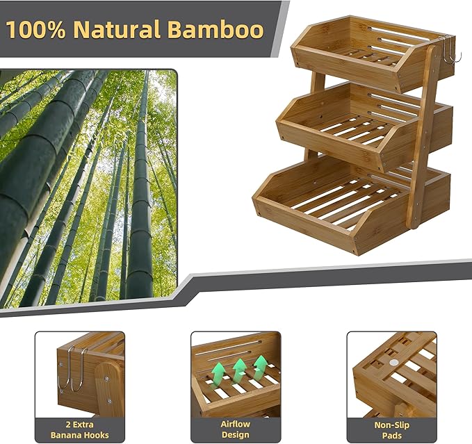 Hellojin 3 Tier Fruit Basket For Counter, Large Capacity Fruit Storage Countertop, Fruit Holder, Wooden Pantry Organizers and Storage, Kitchen Countertop Organizer With 2 Banana Hangers (Walnut)