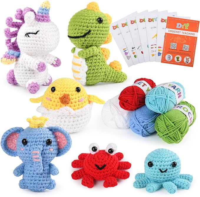 MINGOMINGO Crochet Kit for Beginners Kids - 6 Animal Amigurumi, Mother's Day Birthday Craft Gift Set, Step-by-Step Video Tutorials, 40%+ Yarn, Knitting Starter Kit for Girls Women Adults