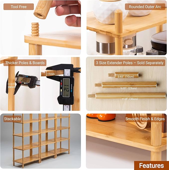 3-Tier Expandable Bamboo Desktop Organizer Shelf Kitchen Cabinet and Counter Riser Display Shelf for Top of Desk Home Office Bathroom Coffee Table Display Stand