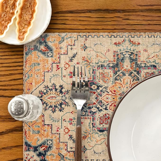 Boho Style Beige Placemats Set of 4,Vintage Elegant Farmhouse Table Center Linen Decor,12x18 Inch Country Rustic Farmhouse Magical Fall Table Mats for Party Kitchen Dining Decoration