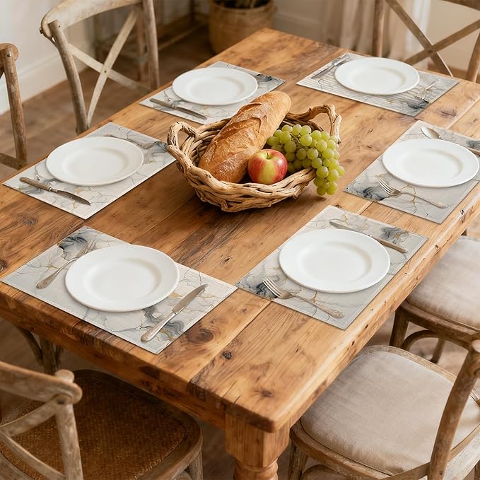 Placemats Set of 6, Abstract White Marble Texture Linen Placemats 12x18 Inch, Heat Resistant Table Mats, Washable Non Slip Place Mats for Dining Table Kitchen Home