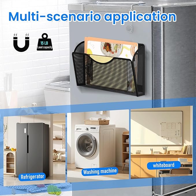 6 Pack Magnetic File Holder, Magnetic Pocket Wall File Holder, Mesh Wall Paper Organizer, Vertical Mail Basket, Storage Organization Magazine Rack for Office, Home and School