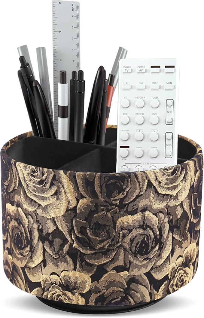 Round Leather Art Supply Organizer,Remote Control Holder,360 Degree Rotating,Multi-Functional Pencil Holder,4 Compartments Desktop Stationary Organizer(1-3D Rose Yellow)