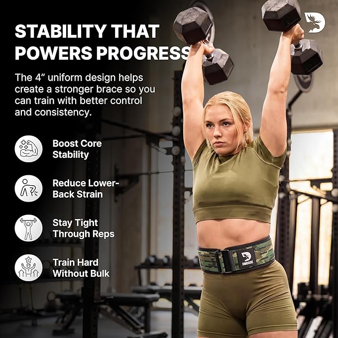 DMoose Weight Lifting Belt - Auto Locking Gym Belt for Olympic Training, WOD, Cross Training for Men and Women - 4" Nylon Workout belt with Adjustable Buckle - Provides Lumbar Support and Stability