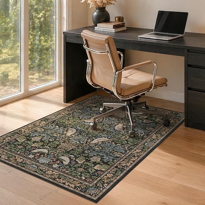 3x4 Green Office Chair Mat for Hard Wood & Tile Floor, Boho Low Pile Carpet Floor Protector for Rolling Chair with Bird & Botanical Pattern, Machine Washable Under Desk Rug, Non Slip Rubber Backing