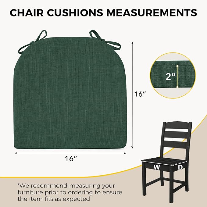 downluxe Indoor Chair Cushions for Dining Chairs, Soft and Comfortable Textured Foam Kitchen Chair Pads with Ties and Non-Slip Backing, 16" x 16" x 2", Dark Green, 6 Pack