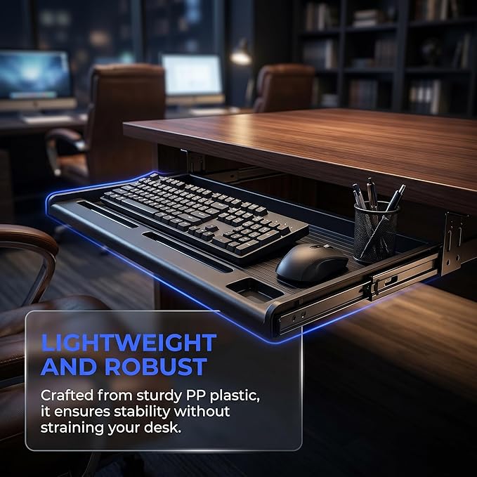jojofuny Under Desk Keyboard Tray with Pen Organizer, Screw-Mounted Slide-Out Organizer Drawer, Space-Saving Under Desk Shelf for Mouse, Pens & Office Supplies