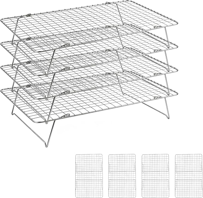 Cooling Rack, 4 Tier Stackable Cooling Racks for Cooking Baking Roasting, Multi-Level Collapsible Cookie Rack for Cakes, Oven Safe & Easy Clean (Silver, 4-Tier)