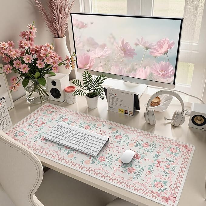 HAOCOO Pink Desktop Mat with Bow, Cute Large Mouse Pad for Office, Non-Slip Waterproof Desk Pad for Keyboard and Mouse, Floral Aesthetic Desktop Mat, Girly Home & Cubicle Supplies