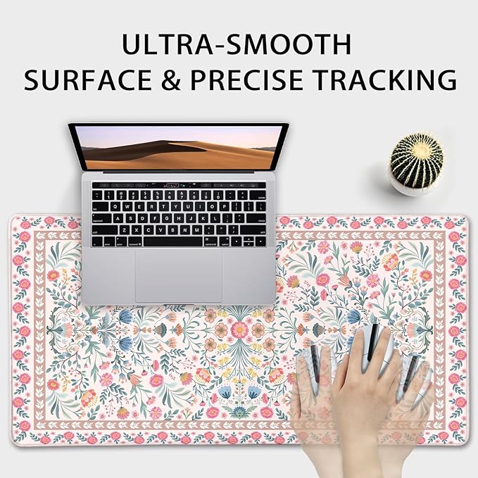 Pink Floral Desk Mat 31.5"x15.7", Extra Large Mouse Pad with Non-Slip Rubber Base, Waterproof Desk Blotter with Stitched Edges, Smooth Computer Mat for Home Office Desk