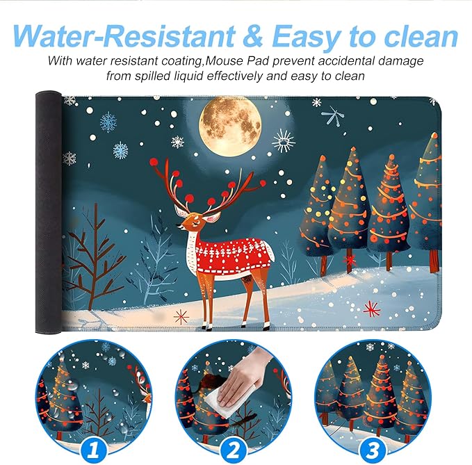 Christmas Reindeer Mouse Pad– Large Extended Desk Mat with Holiday Winter Snow Scene, Non-Slip Base Keyboard Pad for Home Office, Gaming, Workstation,31.5 x 11.8 in