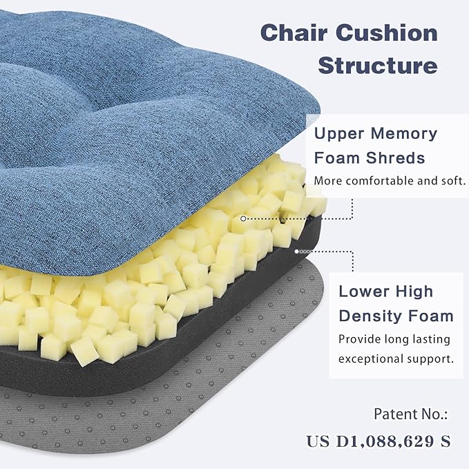 baibu Set of 6 Dining Chair Cushions, Dual-Layer Patent Design Memory Foam Kitchen Chair Cushions, Non-Slip Seat Pads with Ties, 16.5 x 16.5 x 3.5in, Blue