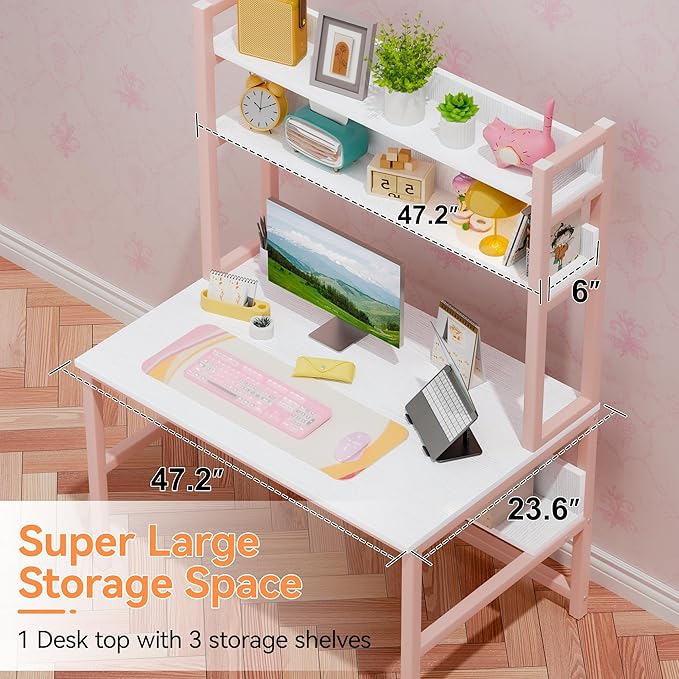 Aquzee Pink Girls Desk Hutch, 47in Woman Computer Desk with Bookshelf & Storage Shelves, Space Saving Girls Writing Study Craft Table for Bedroom Kids Room, White Wood & Pink Iron Home Office Desks