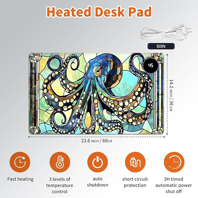 Heated Mouse Pad,Warm Desk Pad with 3 Levels Heating & 3 Hours Auto Shut-Off, PU Leather Heated Desk Pad Warmer Pad for Home Office - 23.6 x 14.2 inch,Fun Octopus