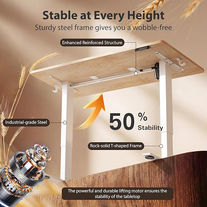Cubiker Standing Desk, 55x28 Inches Sit Stand Home Office Desk, Electric Stand up Desk, Adjustable Desk with Splice Board, White Frame/Maple Top