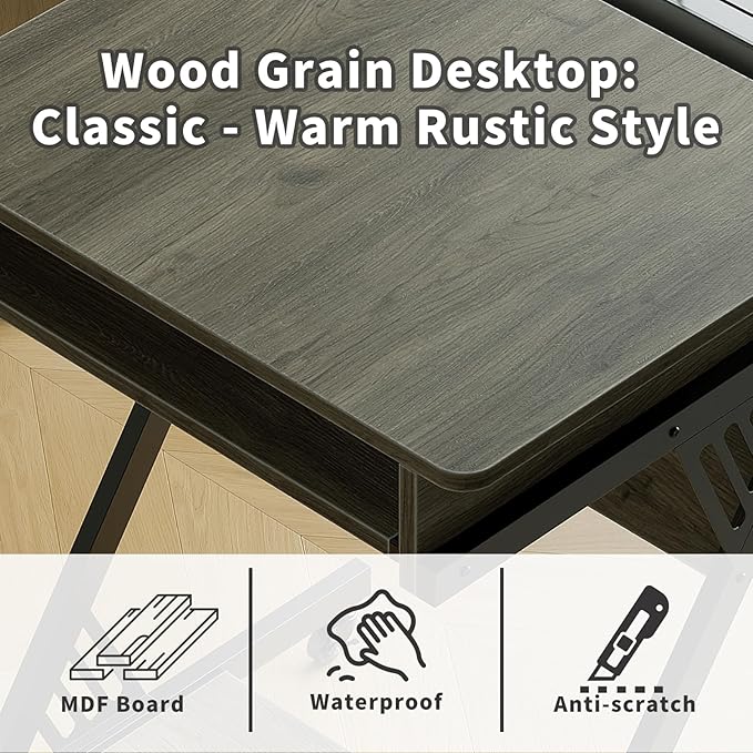 ALISENED 23.6" Z-Shaped Computer Desk for Small Spaces with Keyboard Tray, Wheels and Bottom Shelves, Compact Space-Saving Home Office Workstation, Grey