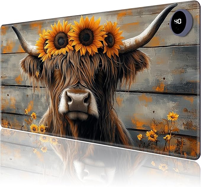 Heated Mouse Pad,Warm Desk Pad with 3 Levels Heating & 3 Hours Auto Shut-Off, PU Leather Heated Desk Pad Warmer Pad for Home Office - 31.5 x 13 inch,Highland Cow Wood Grain