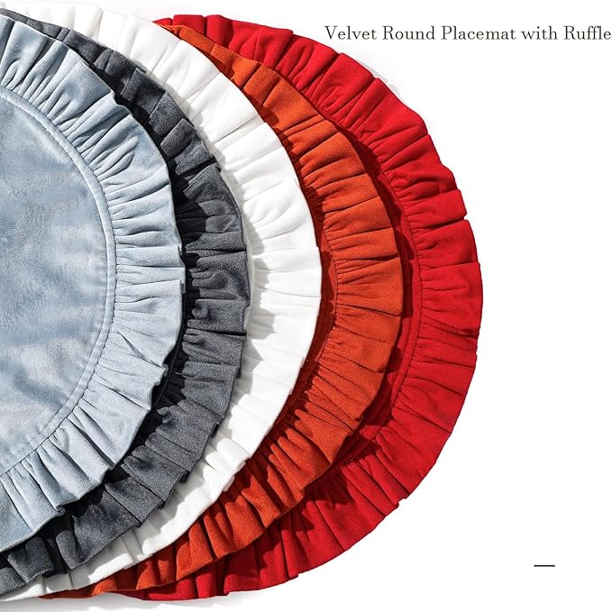 18 Inch Velvet Round Placemat with Ruffle for Dining Table Outdoor Placemats Non-Slip Washable for Gathering, Occasional Decoration and Family Parties Celebrations Set of 4, Gray