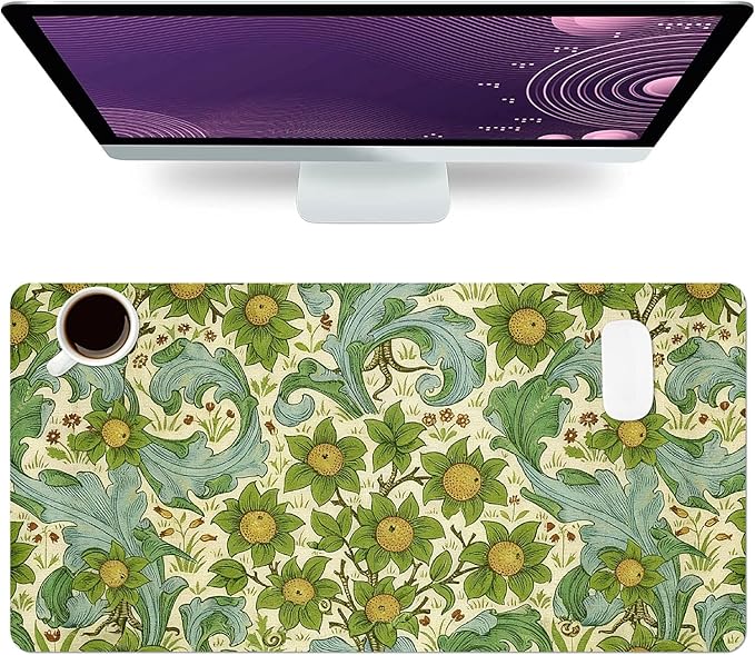 Flower Mouse Pad PU Leather Green Leaves Desk Mat Large Waterproof Gaming Pad Non-Slip Keyboard Mouse Pad Writing Pad for Gamer Office&Home