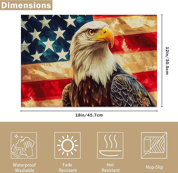 Linen Placemats Set of 6, Eagle Retro American Flag Washable Table Mats 12x18 Inch, Heat Resistant Non Slip Placemats for Dining Table Kitchen Everyday Use