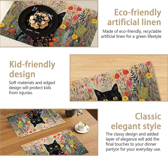 Placemats Set of 6, Cat with Flowers Linen Placemats 12x18 Inch, Heat Resistant Table Mats, Washable Non Slip Place Mats for Dining Table Kitchen Home