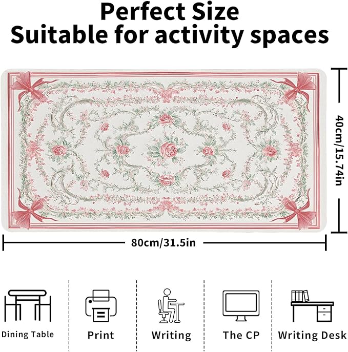 Vintage Floral Desk Mat for Women, Large PU Leather Desk Pad with Non-Slip Base, Elegant Office Keyboard Cover an Elegant and Thoughtful Gift for Women（31.5 * 15.75in）