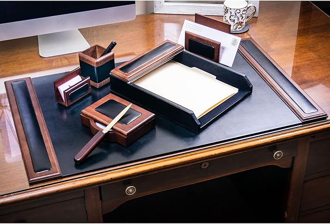 DACASSO Wood & Leather Desk Set - Luxury Leather Desk Pad & Desk Organization Essentials (Walnut and Black, 7 Piece)