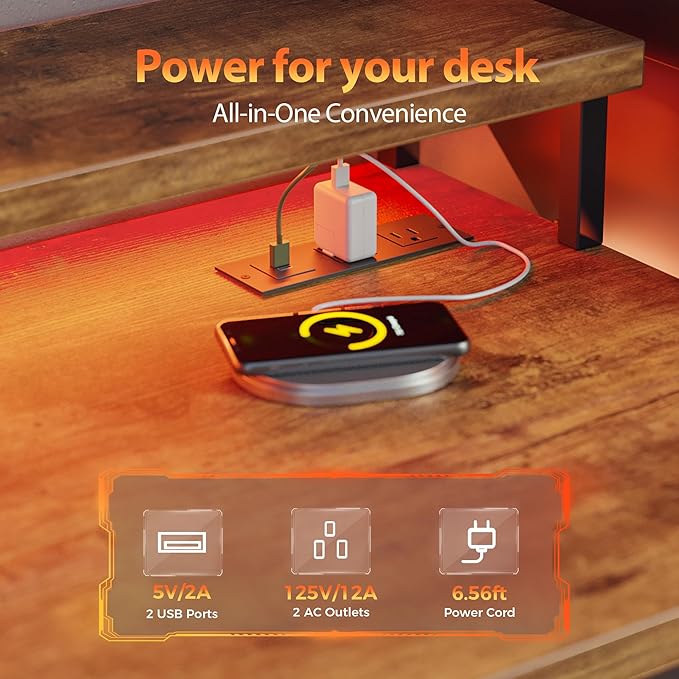 Mericonia 68 inch Gaming Desk with LED Lights & Power Outlets, Reversible Computer Desk with Storage Drawers & Monitor Stand, Large Gaming Table for Home Office