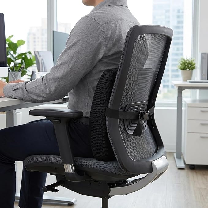 Lumbar Support Cushion for Office Chair & Car — Memory Foam Back Pillow for Lower Back Comfort | Ergonomic Lumbar Pillow for Posture Support | Adjustable Strap | Breathable Washable Cover
