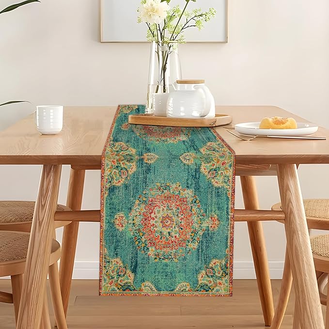 Boho Green-Red Table Runner,Vintage Elegant Farmhouse Table Center Linen Decor,Country Rustic Farmhouse Magical Fall Kitchen Dining Table Decoration for Home Dining Party Decor 13x108 Inch