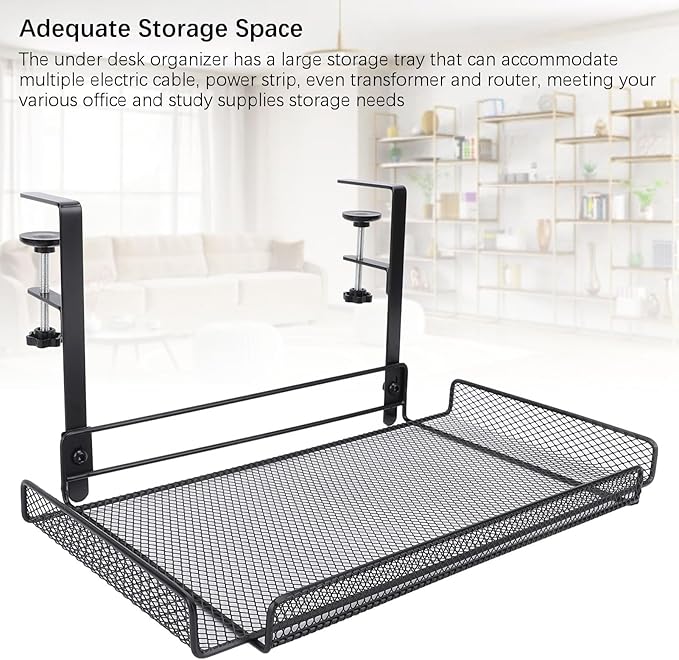 Under Desk Wire Organizer, Cable Management Tray Metal, Large Storage Tray Clamp Mount for Office Home, No Drill Cable Raceway (Black)