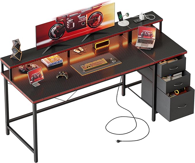 Mericonia 63 inch Computer Desk with Storage Drawers & Monitor Stand, Reversible Gaming Desk with LED Lights & Power Outlets, Large Gaming Table for Home Office