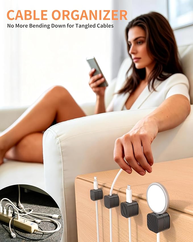 6Pack Cable Organizer Clips, Magnetic Cable Holder (1s Lock), XOVRAETH Strong Adhesive Wire Management for Desk, Nightstand, Living Room, Kitchen, Office, Car(BlackC)