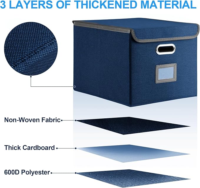 Hleelomi Collapsible File Box with Lid & Plastic Slide - Hanging Document Organizer for Office/Home, 14.96x12.6x10.83 Inch,Decorative Home File Bin,Blue, 1 Pack (No Folders Included)