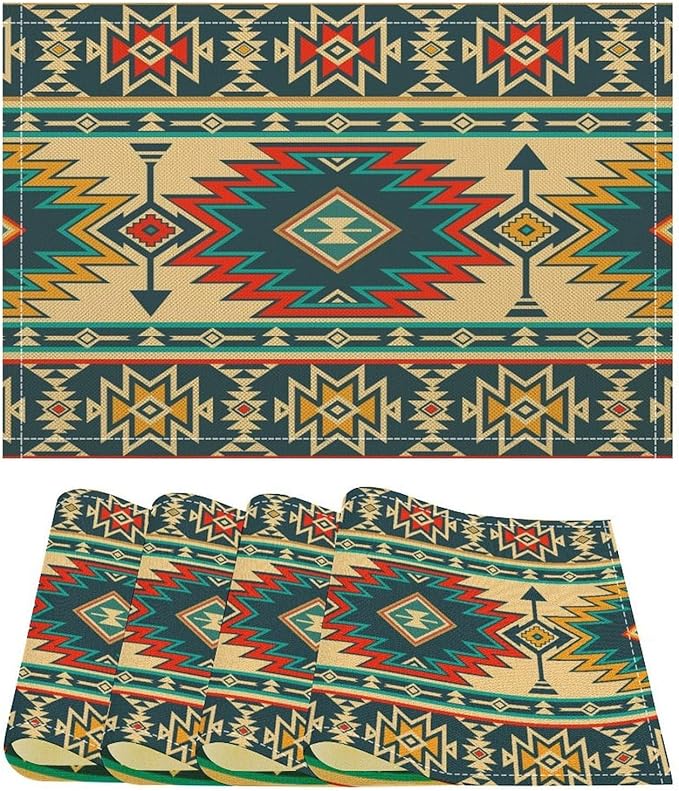 Vintage Aztec Southwest Placemats Ethnic Style Design Boho Geometric Pattern Linen Washable Table Mats Stain Heat-Resistant Desktop Decor Place Mats for Home Kitchen Dining Party 12x18 in 6 Pcs