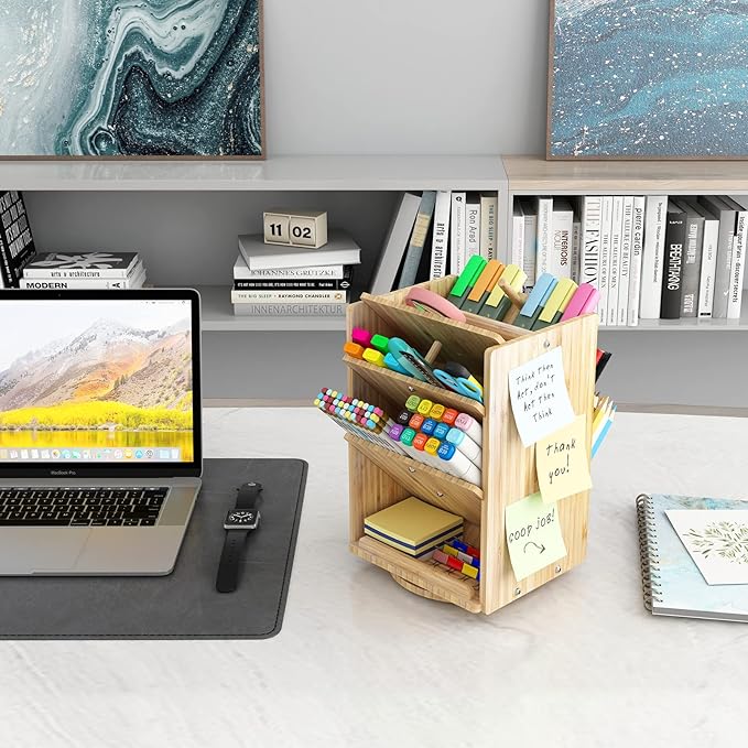 Bamboo Desk Organizer Storage Accessories - Ultra-large 13 compartments, 1000+ Pencil Holder Capacity, Easy DIY Assembly, Rotating Desktop Organizer, Cosmetics, and Office Supplies