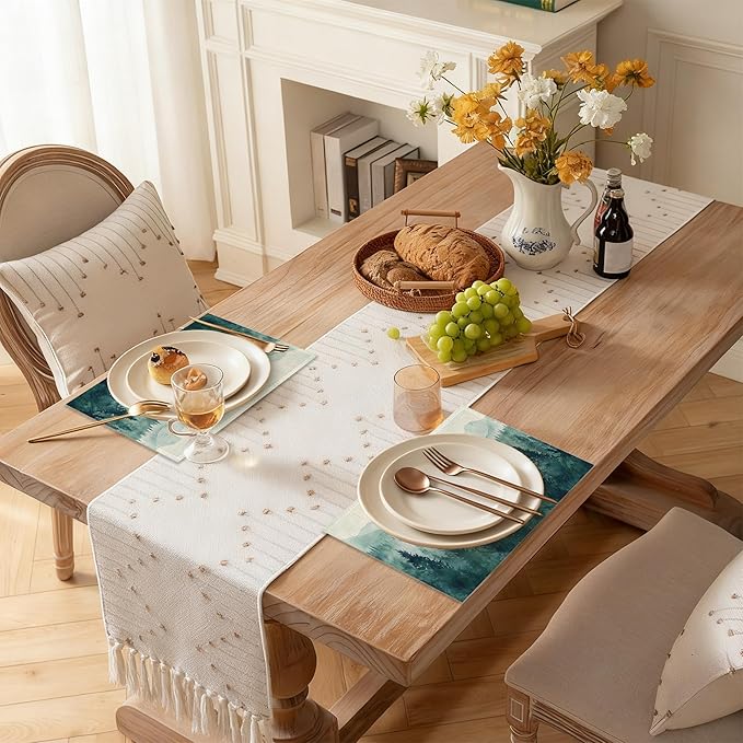 Watercolor Forest Landscape Linen Placemats Set of 6, Decorative Table Mats 12x18 Inch, Washable Heat Resistant Placemats for Dining Table Kitchen Home Decor