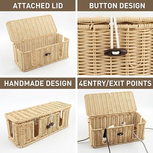 2 Pcs Rattan Cable Management Box, Large Cord Organizer Box with Lid Under Desk Router Hider with 4 Exits, Wire Boxes Hider for TV Wires Computer Surge Protector USB Hub Power Strip(Natural)