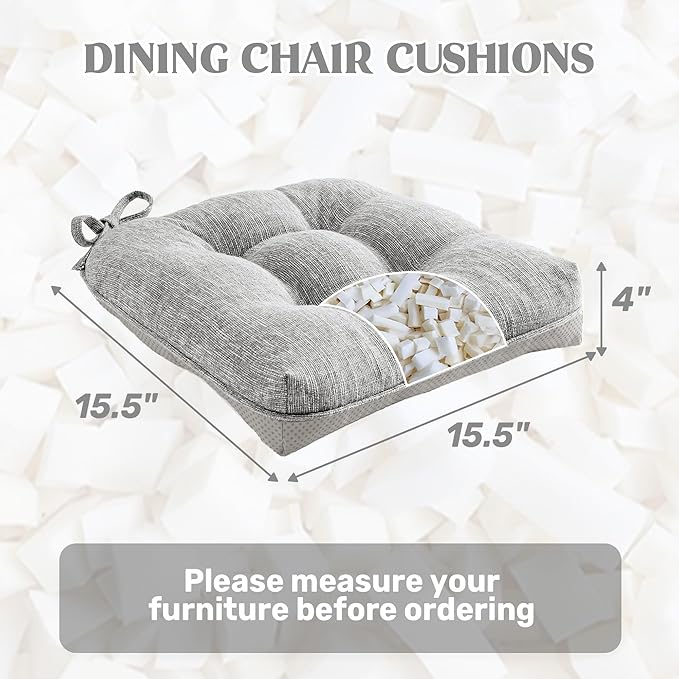 puredown® Chair Cushions for Dining Chairs, Tufted Memory Foam Chair Pads with Non-Slip Backing, Kitchen Seat Cushions with Ties, Washable Seat Pad Set of 4, 15.5" x 15.5" x 4", Light Grey