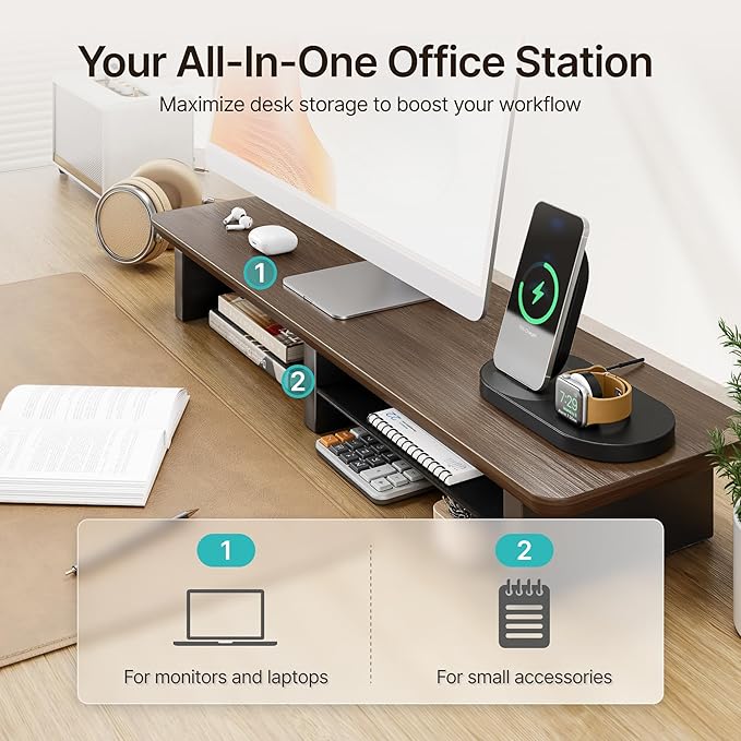 PEGZONE Dual Monitor Riser with Integrated Metal Shelf, Large Walnut Wooden Desk Shelf for 2 Monitors/TV, Wide 31.5" Long Monitor Stand Riser for Desk, Wood Monitor Stand Organizer for Home Office