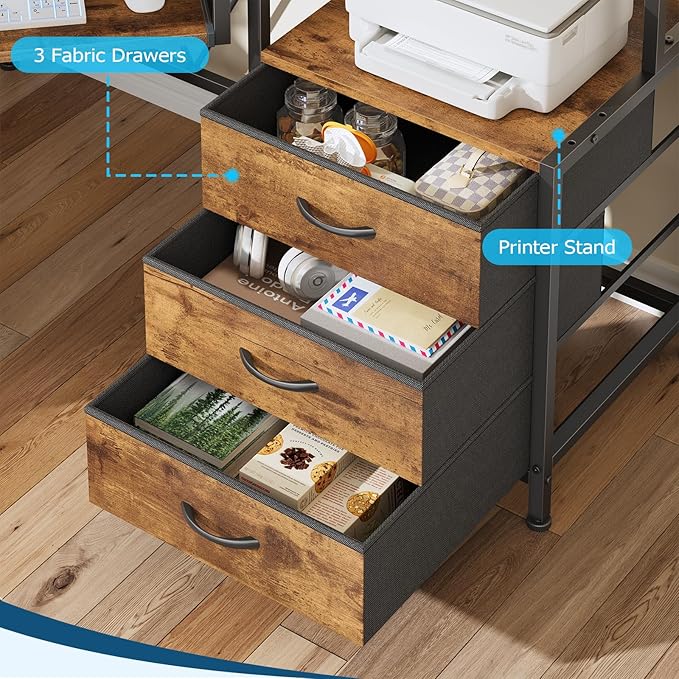 YOMILUVE Corner Desk with Power Outlets, Small Computer Desk with Drawers & Printer Shelf, Triangle Gaming Desk with LED Lights, Keyboard Tray and Monitor Stand for Small Space, Rustic Brown