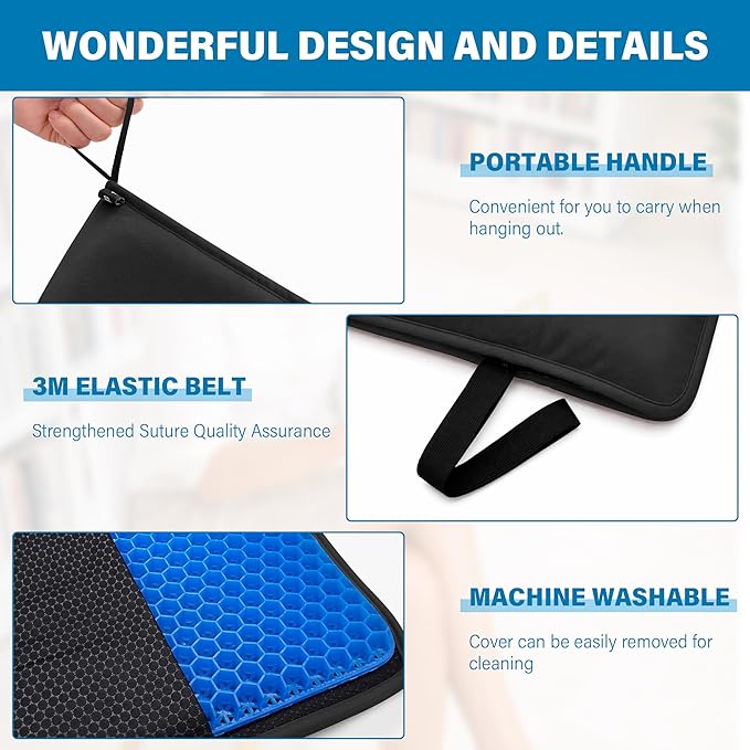 SPRING SEAON Large Gel Seat Cushion for Pressure Relief – Honeycomb Buffer Design with Extra Thick Filling, Anti-Slip Bottom, Perfect for Long Sitting, Travel, Airplane and Daily Comfort (Black)