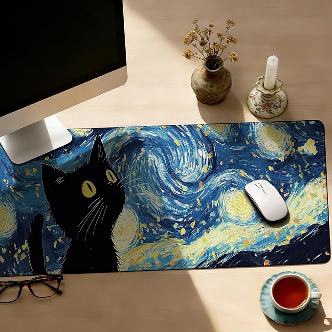 Large Gaming Mouse Pad Blue Starry Night Black Cat Desk Mat,Non-Slip Rubber Base Stitched Edges,Extended Mousepad for PC,Laptop,Office,Home Decor(31.5 x 11.8 Inch)