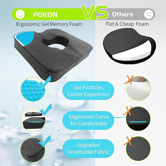 Gel & Memory Foam Wheelchair Seat Cushion,Donut Pillow for tailbone pain relief,Bed Sore Cushions for Butt,Pressure Relief,Sciatica,Coccyx,hemorrhoid Pillow,Cushion for Office Chair & Desk（GRAY）