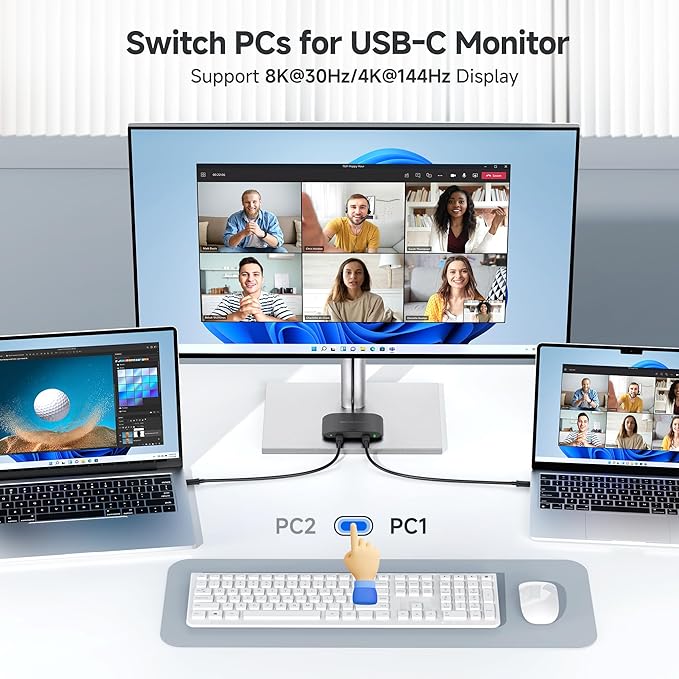 Cable Matters 20Gbps USB C KVM Switch for 2 Computers, Up to 8K@30Hz on Windows, 4K@60Hz on macOS, 140W PD, for Sharing a USB-C/Thunderbolt 4 Monitor or Dock (Not Work with Captive Cable Docks), Black
