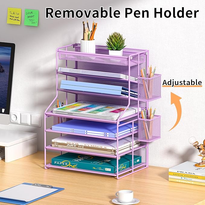 Purple 7 Tier Desktop File Organizer, Letter Tray Paper Organizer with Pen Holder and Metal Hanging Basket, Vertical Desk File Holder for Home Office Organization